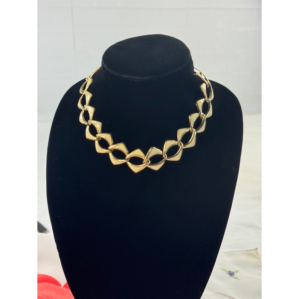 Vintage Gold Tone Cream Enamel Geometric Link Collar Necklace Retro Bold - Picture 2 of 7